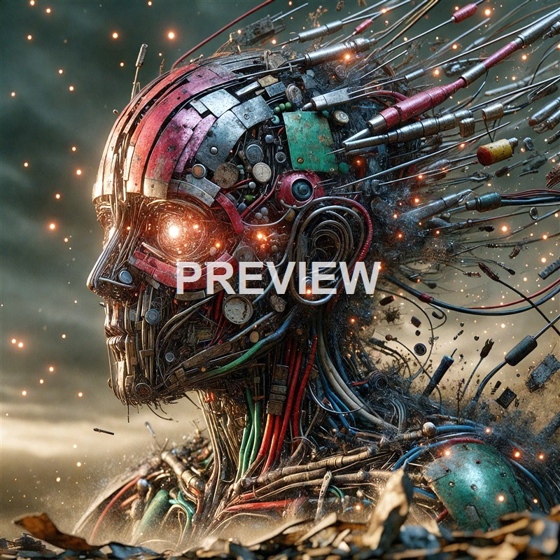 A highly detailed and futuristic sculpture of a human head made from various metallic and electronic components, with sparks and glowing elements surrounding it.